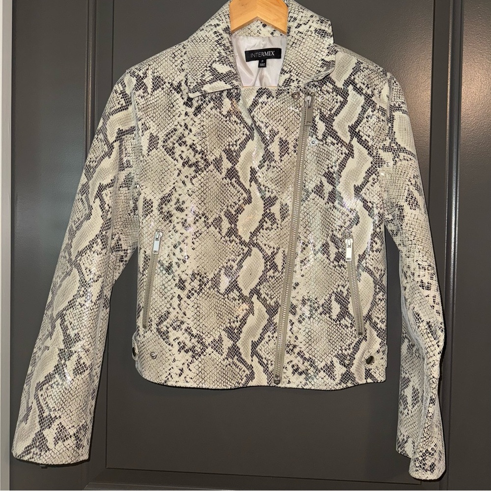 INTERMIX Moto Leather Python Print Crop Jacket - … - image 1